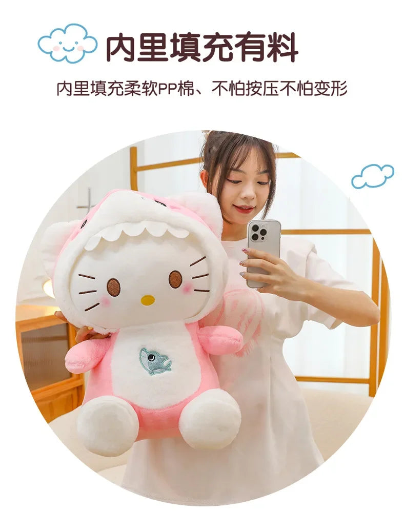 60cm Sanrio Shark Hello Kitty Cat Plush Toys Cartoon KT Cat Plushie Doll Soft Stuffed Anime Pillow Birthday Gifts for Kids Girls