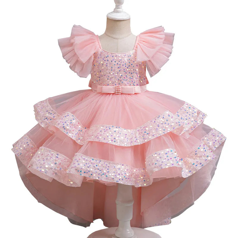 Sparkling Girls' Evening Gown - Sequin Dress with Train for Birthday Party & Piano Recital