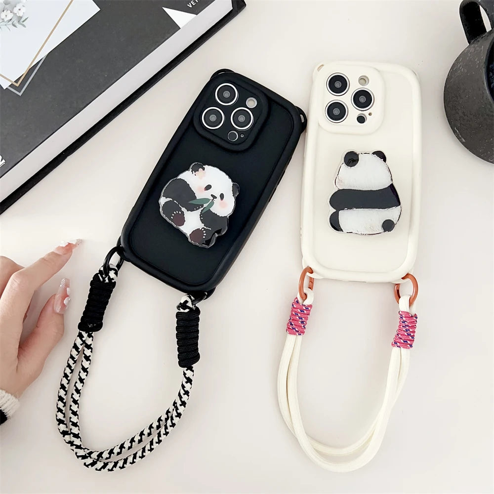 Cute 3D Cartoon Panda Grip Holder Lanyard Phone Case For iPhone 15 14 13 Pro Max Strap Lens Protection Silicon Soft Cover