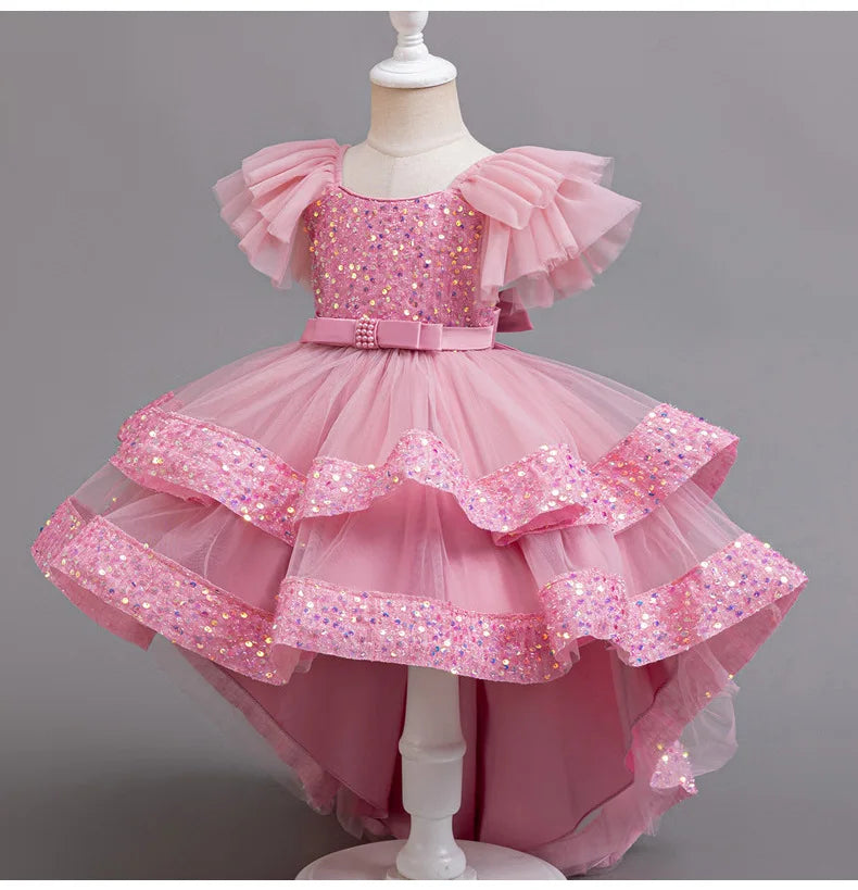 Sparkling Girls' Evening Gown - Sequin Dress with Train for Birthday Party & Piano Recital