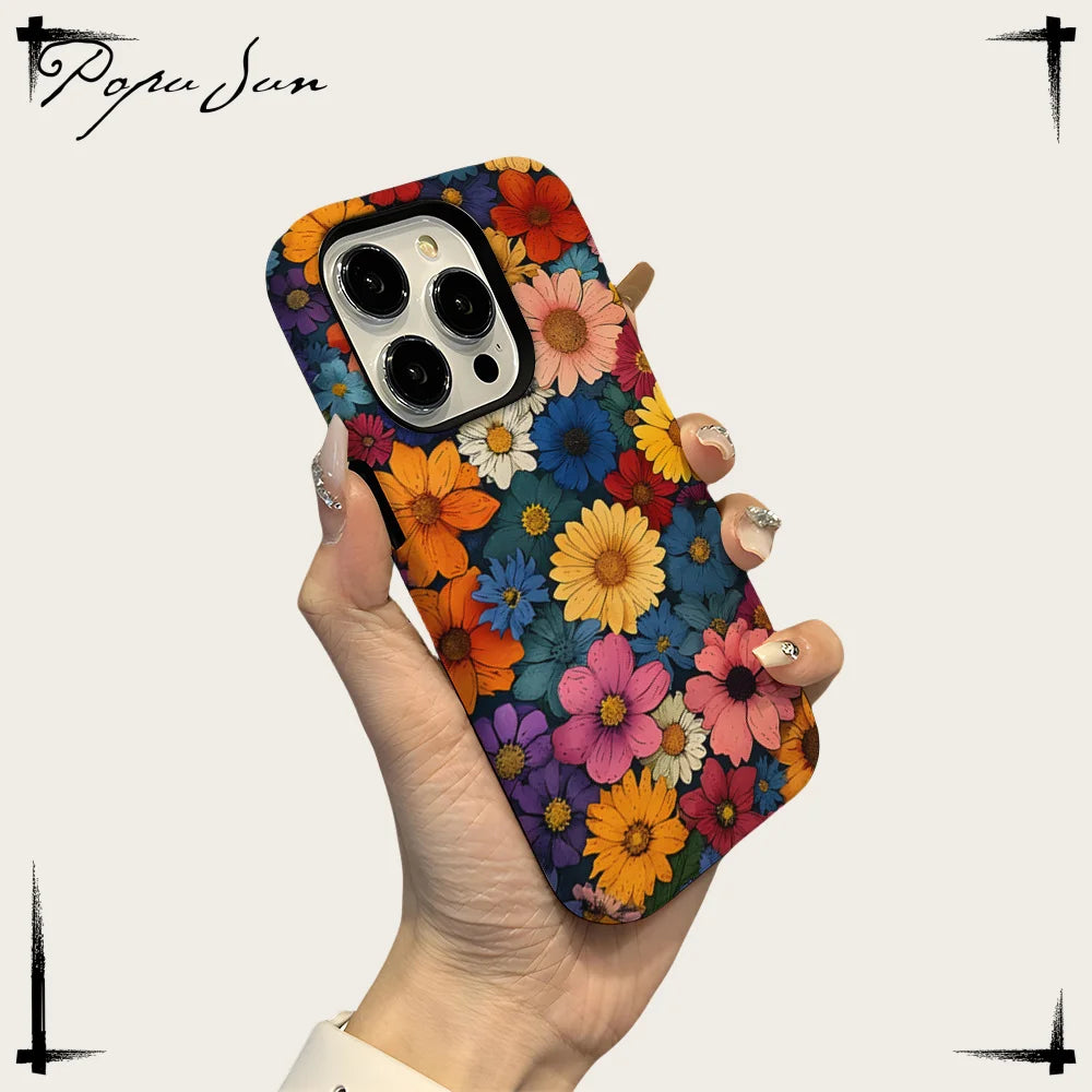 Art Drawing Flower Printed Daisy Phone Case for iPhone 16 15 13 14 Pro Max 16 15 Plus 2 in 1 Hard Protection Cover