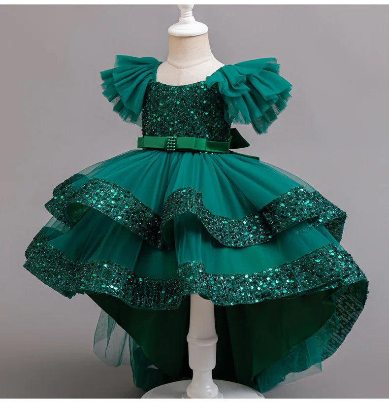 Sparkling Girls' Evening Gown - Sequin Dress with Train for Birthday Party & Piano Recital