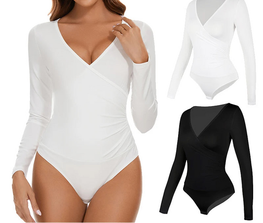 One-Piece Long Sleeve Bodysuit Shapewear for Women – V-Neck Tummy Control Body Shaper