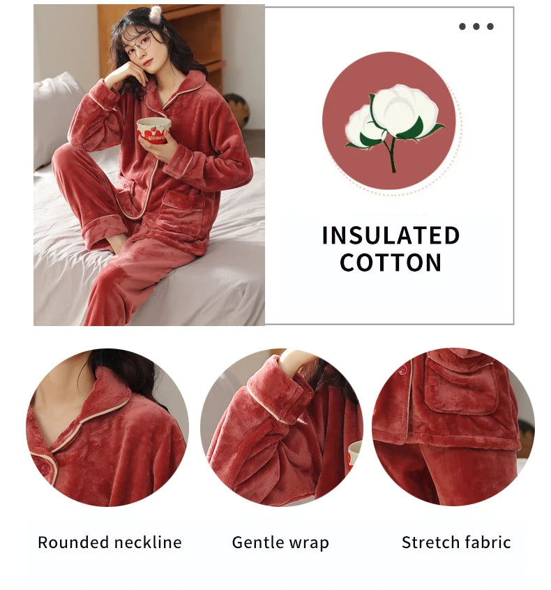 Women’s Winter Flannel Pajama Set – Warm, Thick Coral Fleece 2-Piece Loungewear