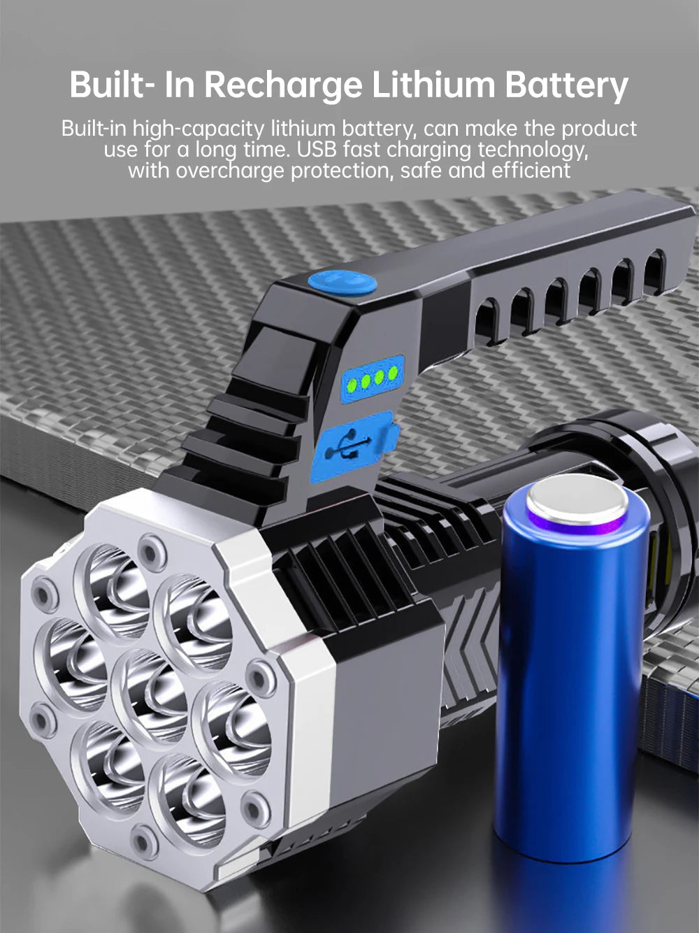 High Power 7 LED Flashlight Rechargeable USB Torch with COB Side Light Portable Outdoor Work Lamp