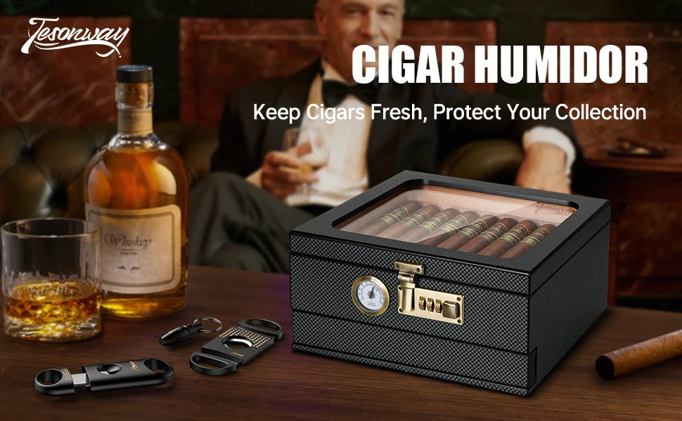 Cigar Humidor Cedar Wood Humidor Cigar Box Glass Top Desktop Humidor with Front Hygrometer Humidifier Divider Accessories Drawer