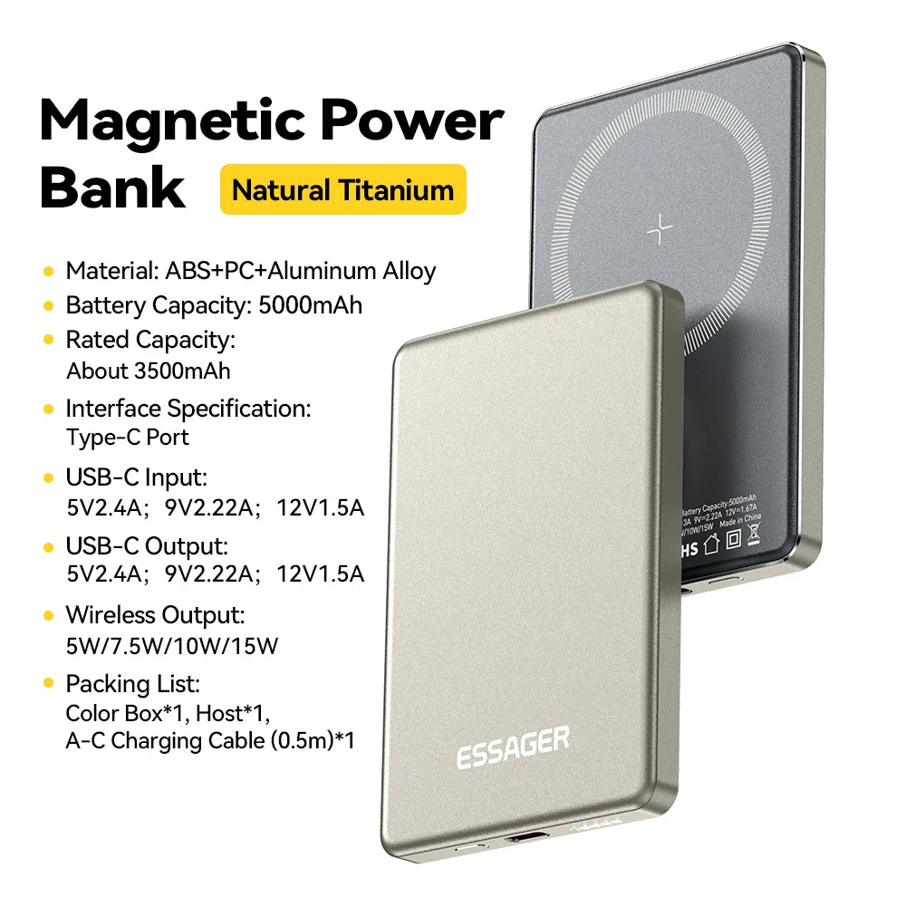 5000mAh Magnetic Power Bank 20W PD Wireless Fast Charging Slim Portable Charger for iPhone MagSafe