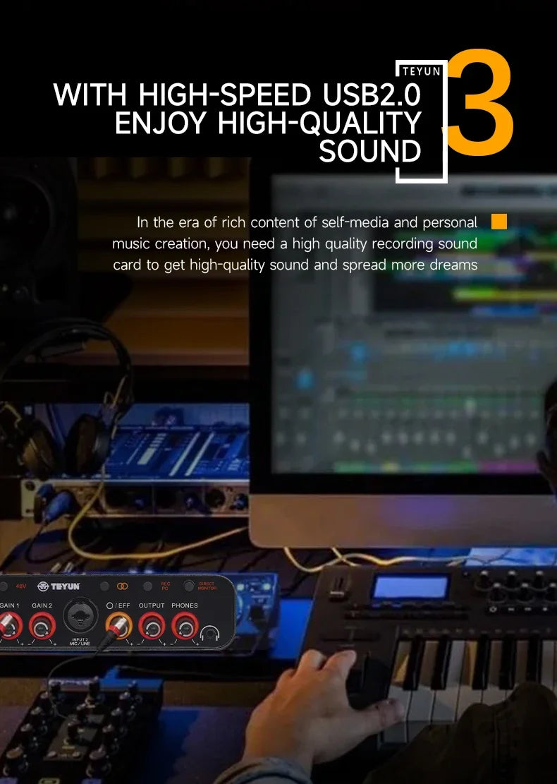 2 Channel USB Audio Interface Mixer For Guitar Recording And Studio Streaming