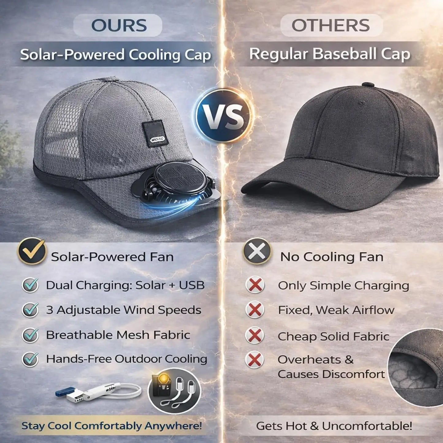 Wide Brim Solar Fan Hat With USB Charging