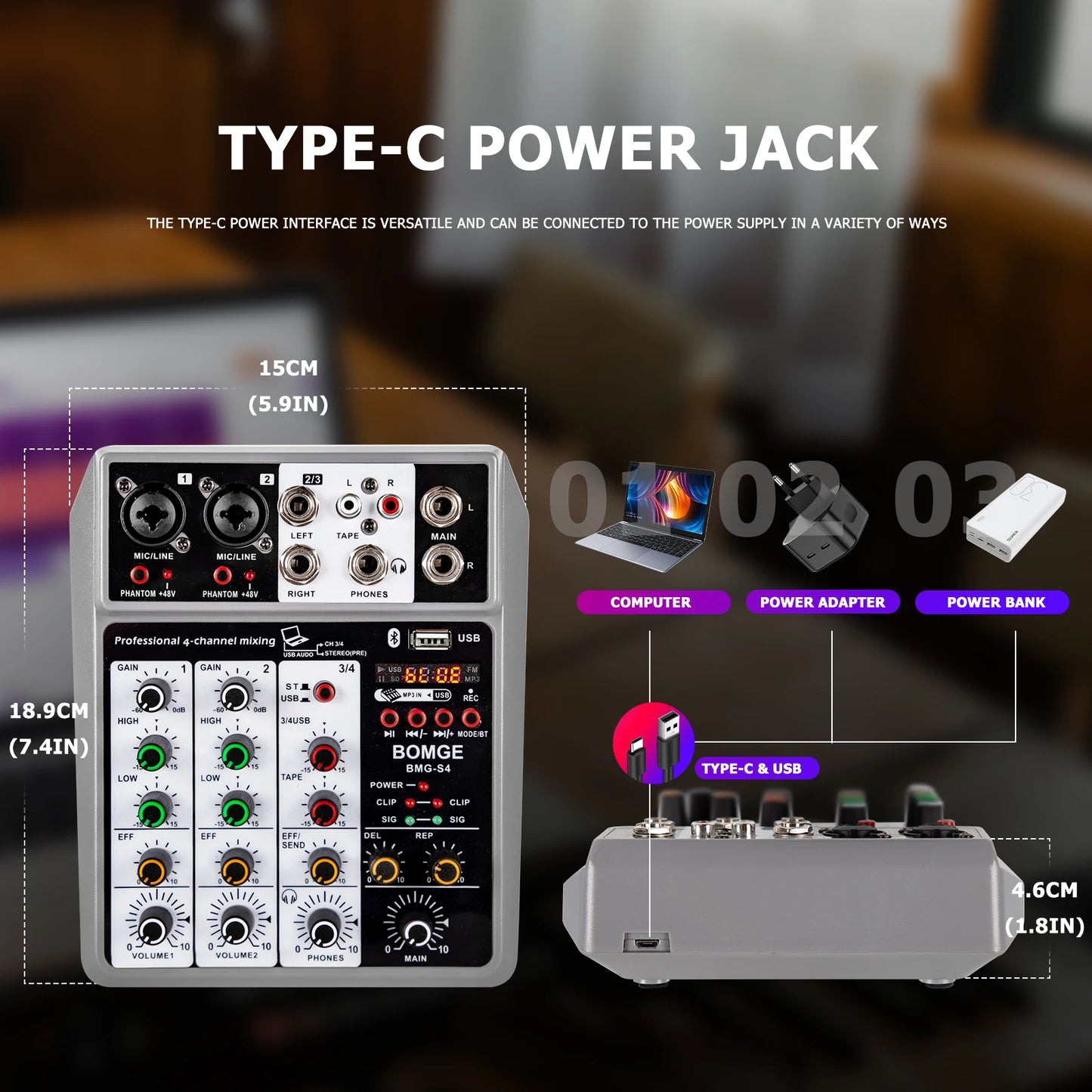 Professional 4 Channel Audio Mixer with USB Bluetooth Echo Delay and 48V Phantom Power