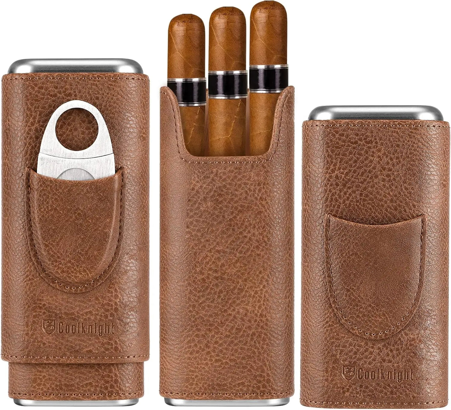 Leather Cigar Case, Cedar Wood Lining Travel Humidors for Cigars, Cigar Accessories Include Stainless Steel Cigar Cutter