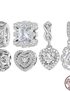 925 Sterling Silver Heart Charms Pink Crystal White Zircon Hollow Beads