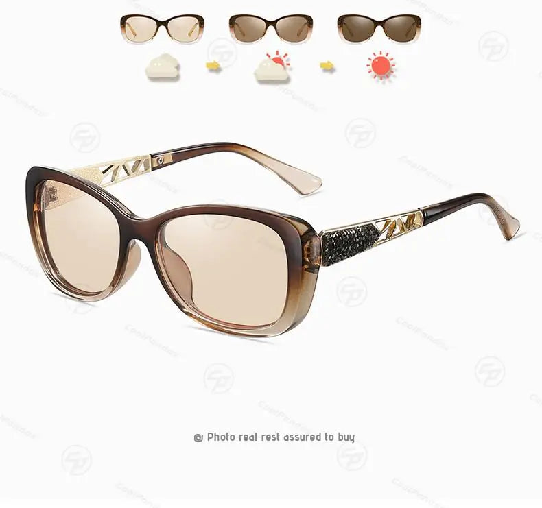 Diamond Frame Photochromic Polarized UV400 Fashion Sunglasses for Women Travel Glasses