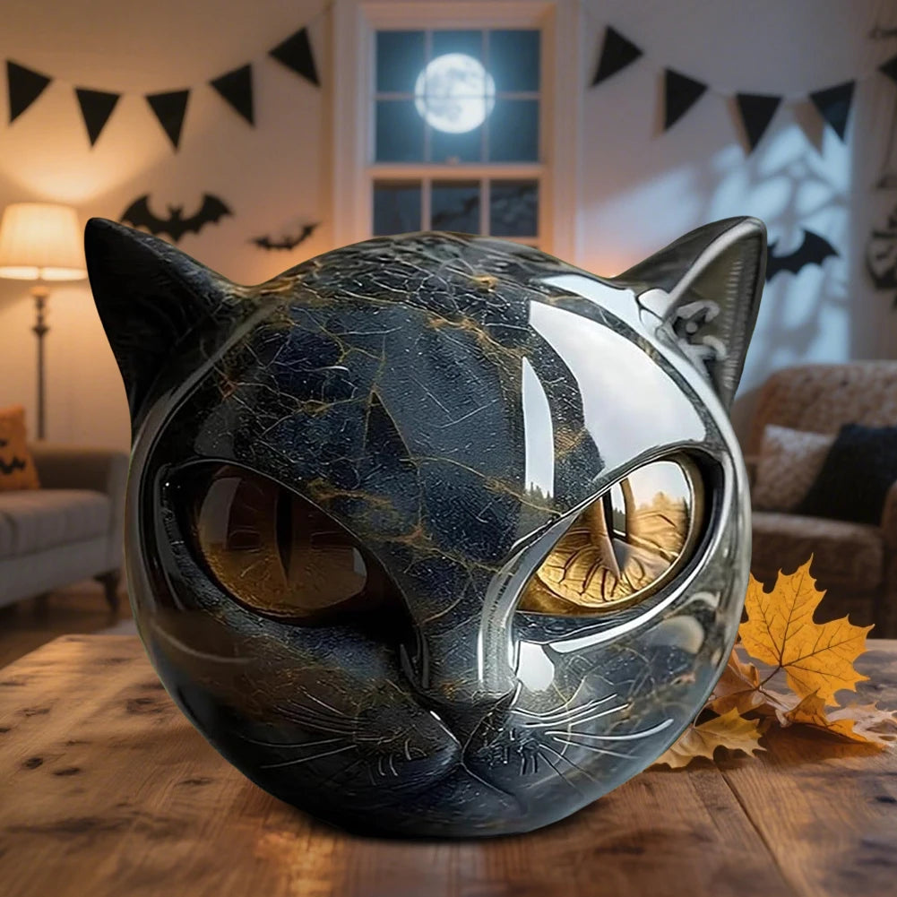 Black Cat Figurine Resin Cat Head Healing Stone Marble Texture Cat Stone Resin Cat Sculpture Ornament Cat Sculpture Craft Decor