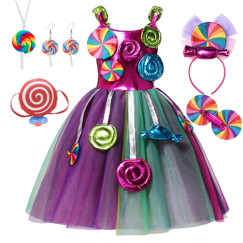 Purim Festival Lollipop Costume Girls Fairy Dress Fancy Carnival Birthday Fantasy Children Candy Rainbow Vestido Dress for Girls