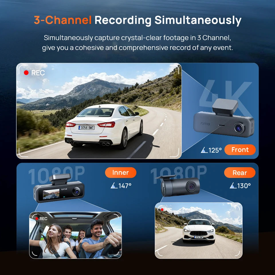 T800E 3‑Channel Dash Cam 4K Front + 1080P Rear & Interior Car DVR – HDR, GPS, WiFi 6, Voice Control, Supercapacitor