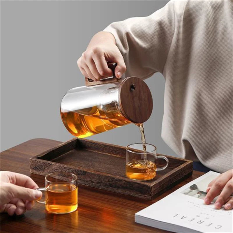 Water Separation Glass Teapot with One Click Tea Infuser and Wood Handle