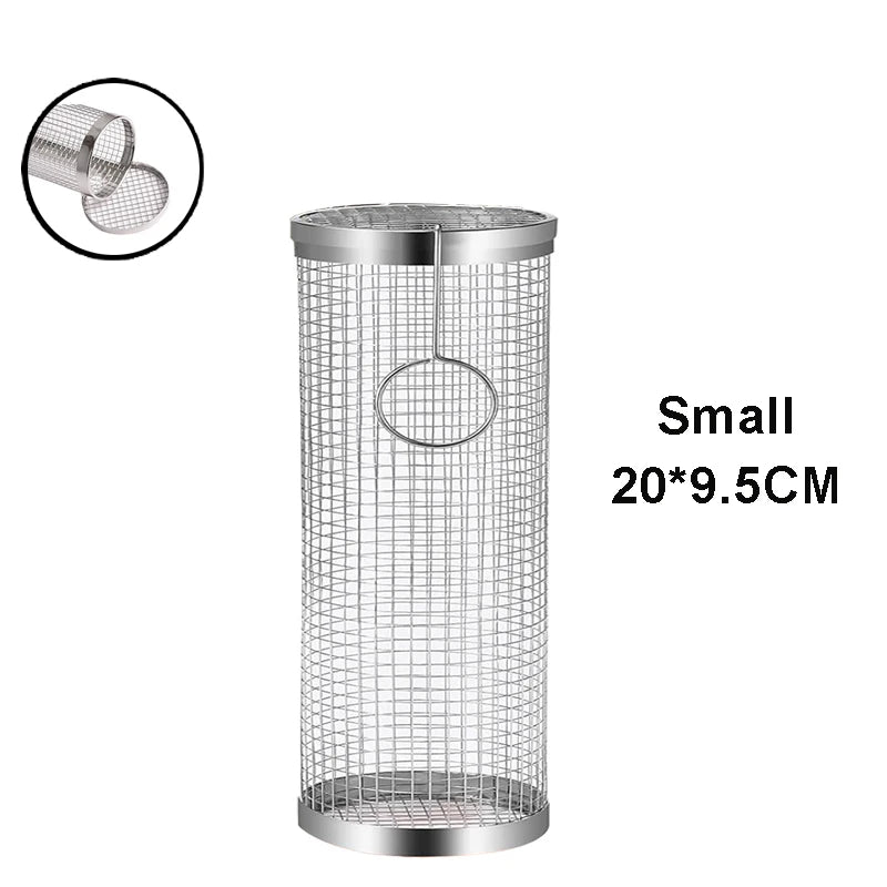 BBQ Basket Stainless Steel Rolling Grilling Basket Wire Mesh Cylinder Grill Basket Portable Round Outdoor Camping Barbecue Rack