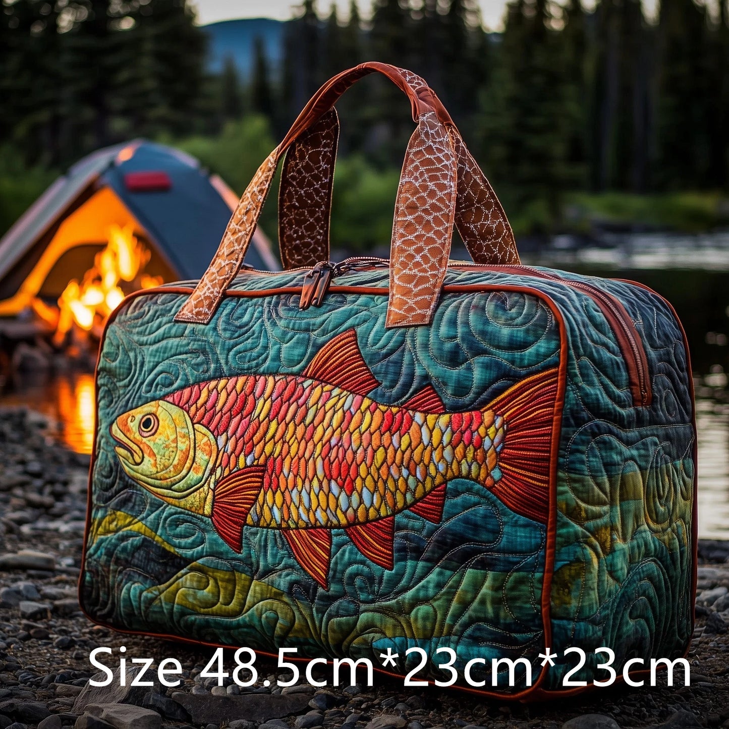 Trout Fishing Quilted Duffel Bag Outdoor Waterproof Gear Bag with 3D Fish Printed Camping Weekender Bag for Anglers Men's Gift