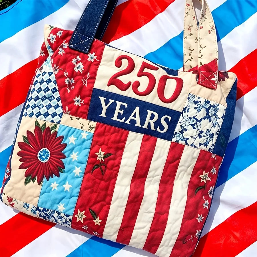 Patriotic Quilted Tote Bag 250 Years American Flag Patchwork Shoulder Handbag
