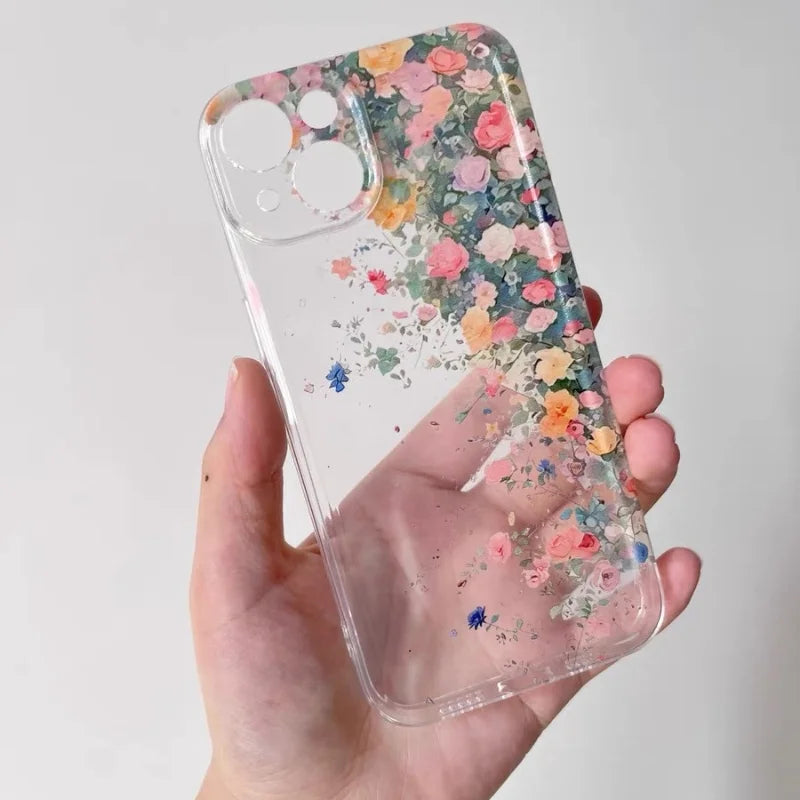 Flower Transparent Shockproof Phone Case for iPhone 16 15 14 Pro Max Plus