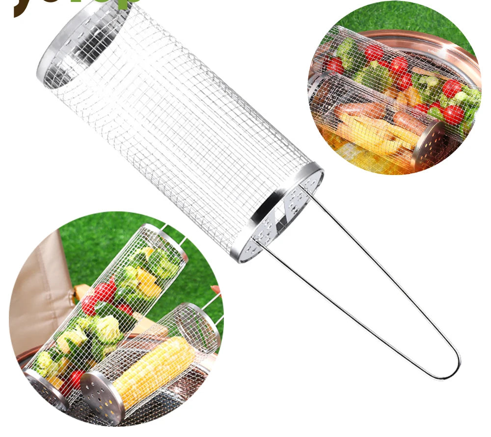 Stainless Steel Grill Basket Portable Barbecue Cage Rolling Grilling Basket Barbecue Tool BBQ Basket Outdoor Grill Accessories