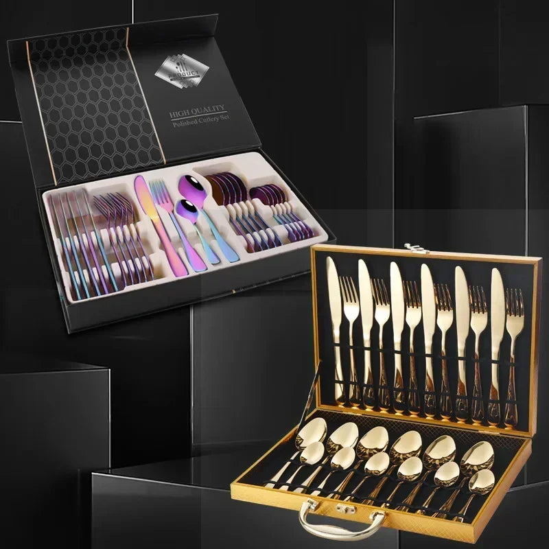 24pcs Golden Tableware Set Light Luxury Stainless Steel Cutlery Fork Knife Spoon Dinnerware Set Minimalist Decor with Gift Box