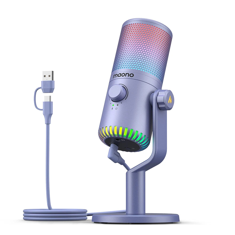 DM30 RGB USB Microphone RGB Gaming Microphone Computer Mic USB Gaming Mic with Mic Gain and RGB Lighting for PC, Phone