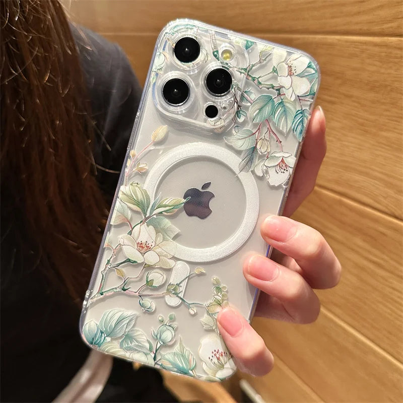 Transparent Magsafe  Flower Branch Case iPhone 16 14 15 Pro Max 15 Plus Wireless Charge Shockproof Clear Cover
