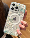 Transparent Magsafe Magnetic Flower Branch Case iPhone 16 14 15 Pro Max 15 Plus Wireless Charge Shockproof Clear Cover