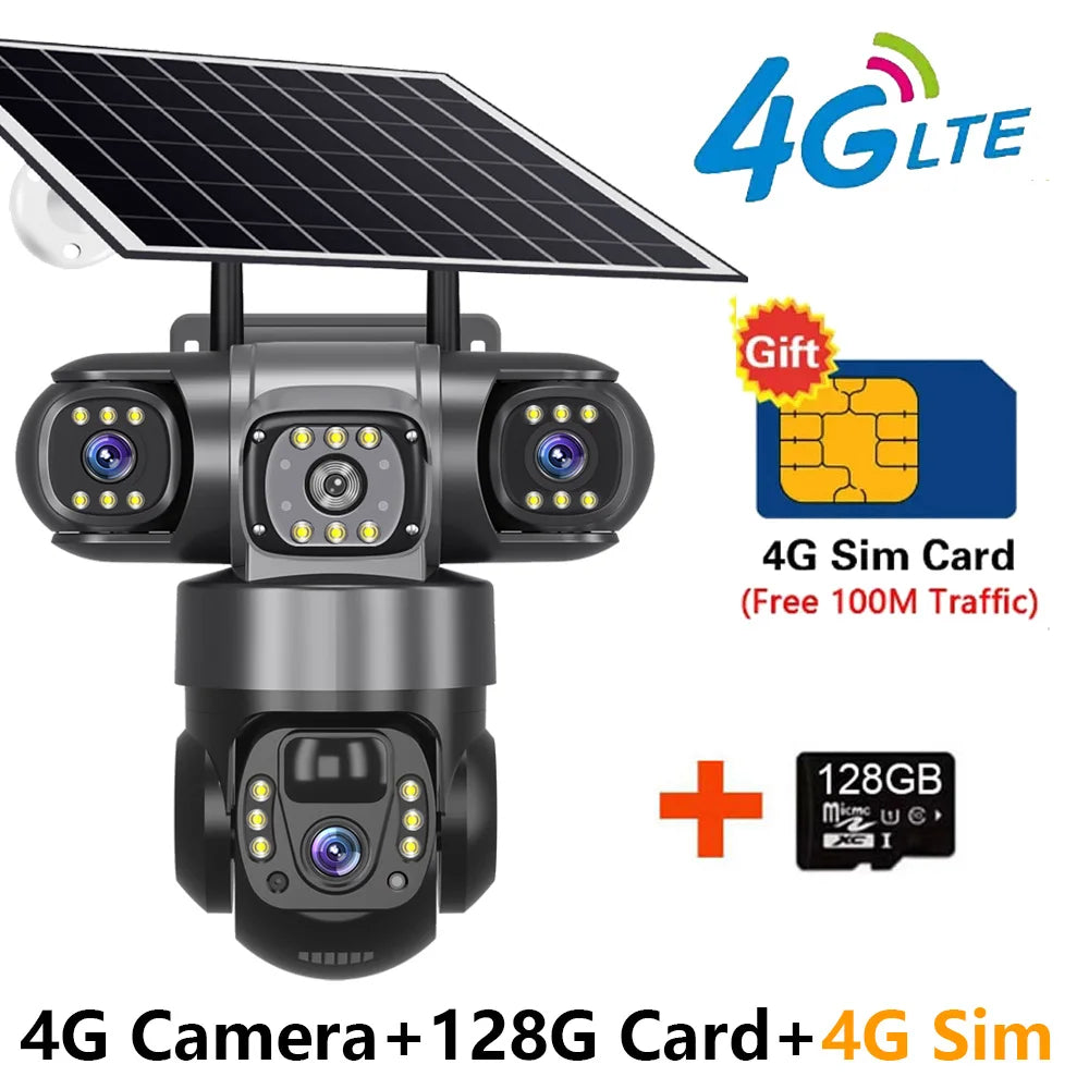 Solar Camera 4G Sim Outdoor 3 Lens 3 Screen 10X Zoom PIR Human Detect Cameras Waterproof Night Vision CCTV Security Protection