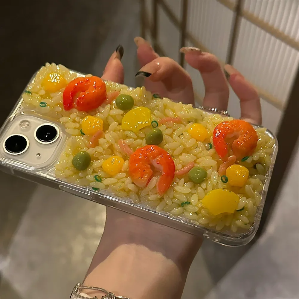 Cute Cartoon Shrimp Corn Fried Rice Phone Case For iPhone 15 13 14 Pro Max Clear Lens Protection Soft Silicone Back Cover