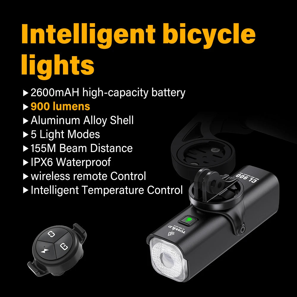 CL900 Bike Front Light 900 Lumens TYPE-C Rechargeable Bicycle Light IPX6 Cycling Headlight LED Flashlight MTB Bike Lamp
