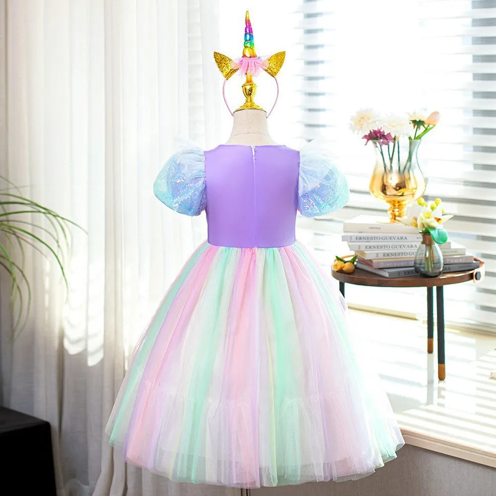 Rainbow Gradient Princess Ball Gown with Puff Bubble Sleeves