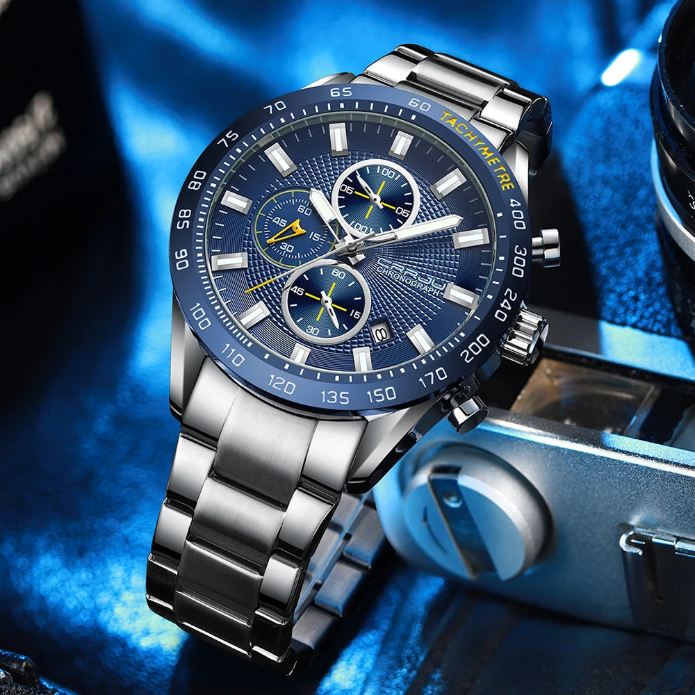 Men Watch Fashion Sports Chronograph Wristwatches Stainless Steel Strap with Auto Date