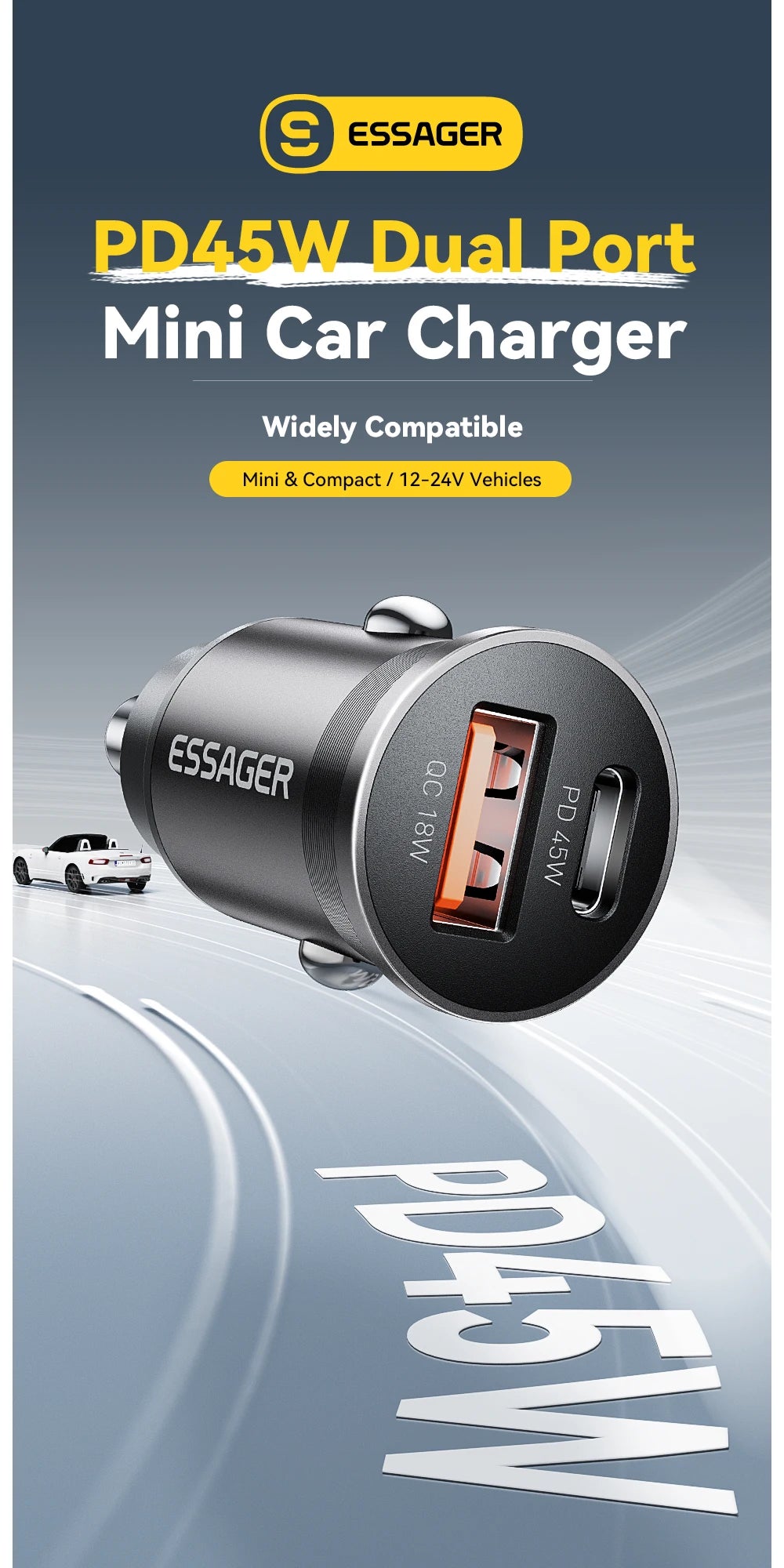 45W Mini USB-C + USB Fast Car Charger (PD 3.0 + QC 3.0)