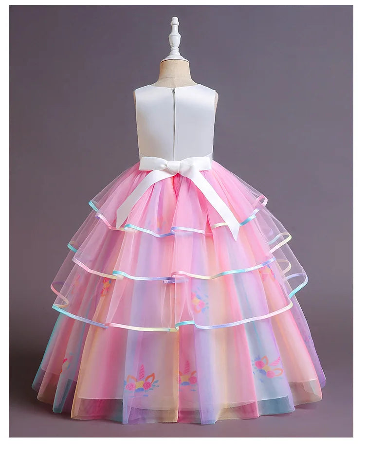 Elegant Princess Lace Dress Kids Flower Embroidery Dresses For Girls Vintage Children Costume for Christmas Party Pink Ball Gown