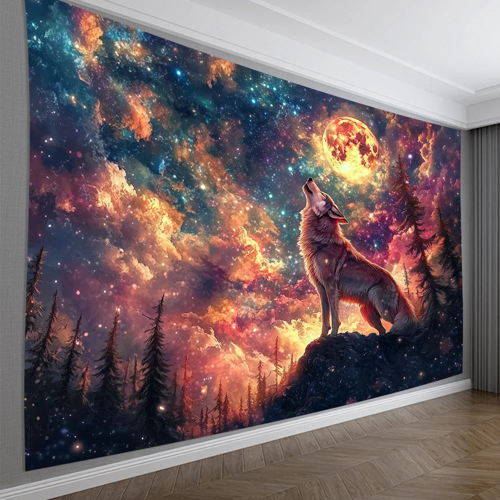 Wolf King Howling at the Moon Tapestry Starry Sky Gradient Living Room Feature Wall Nordic Style Bedroom Decor