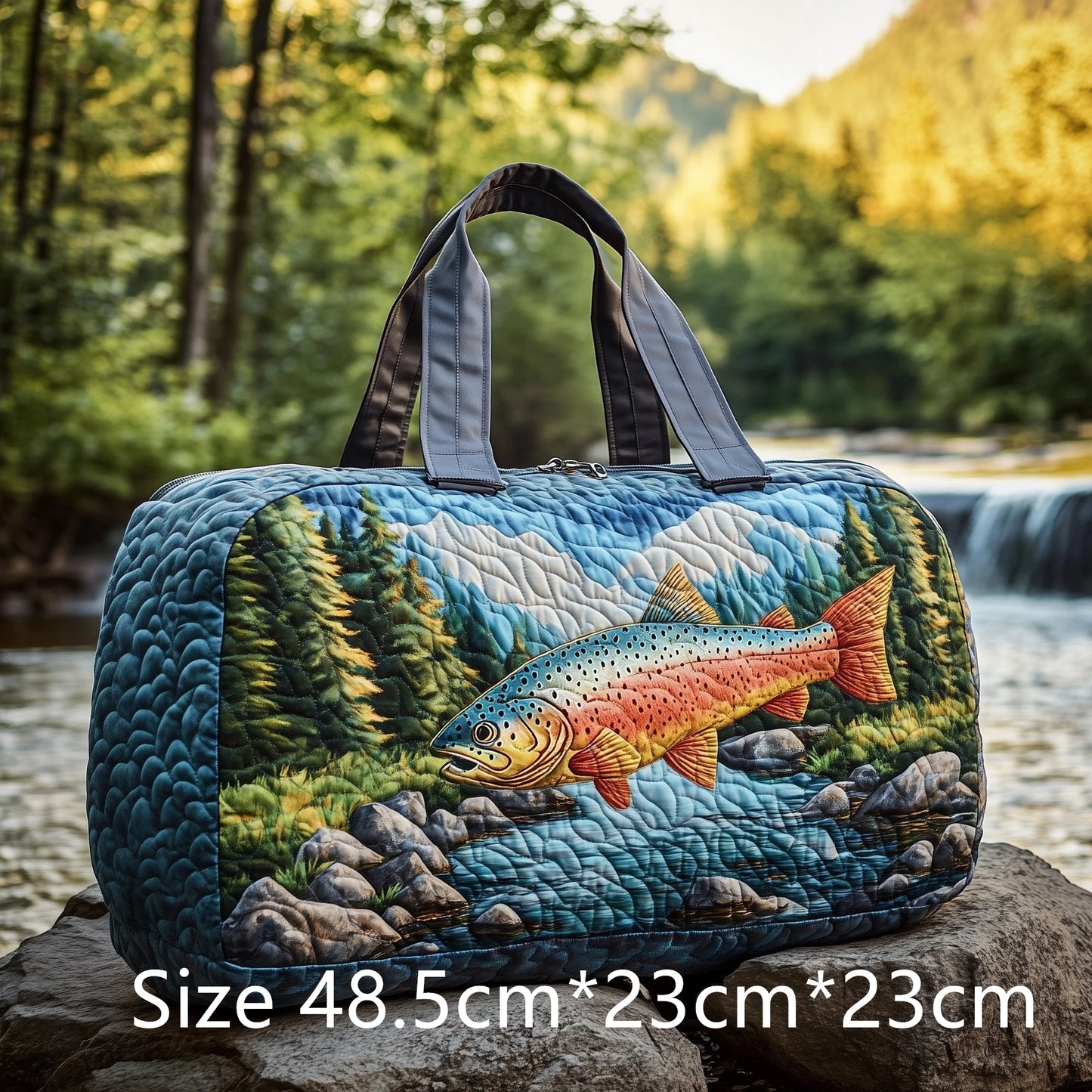 Trout Fishing Quilted Duffel Bag Outdoor Waterproof Gear Bag with 3D Fish Printed Camping Weekender Bag for Anglers Men's Gift