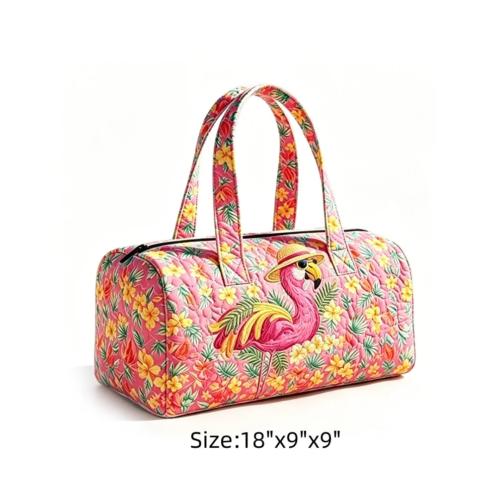 Tropical Starry Night Duffel Bag Flamingo Palm Tree Print Travel Navy Blue Quilted Overnight Bag for Women Summer Beach Vacation