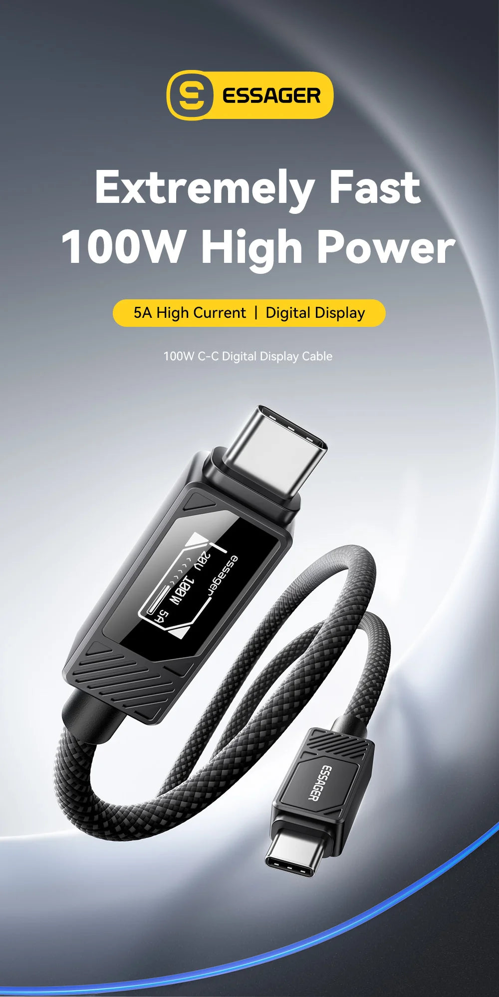 100W USB-C to USB-C Fast Charging Cable with LED Display