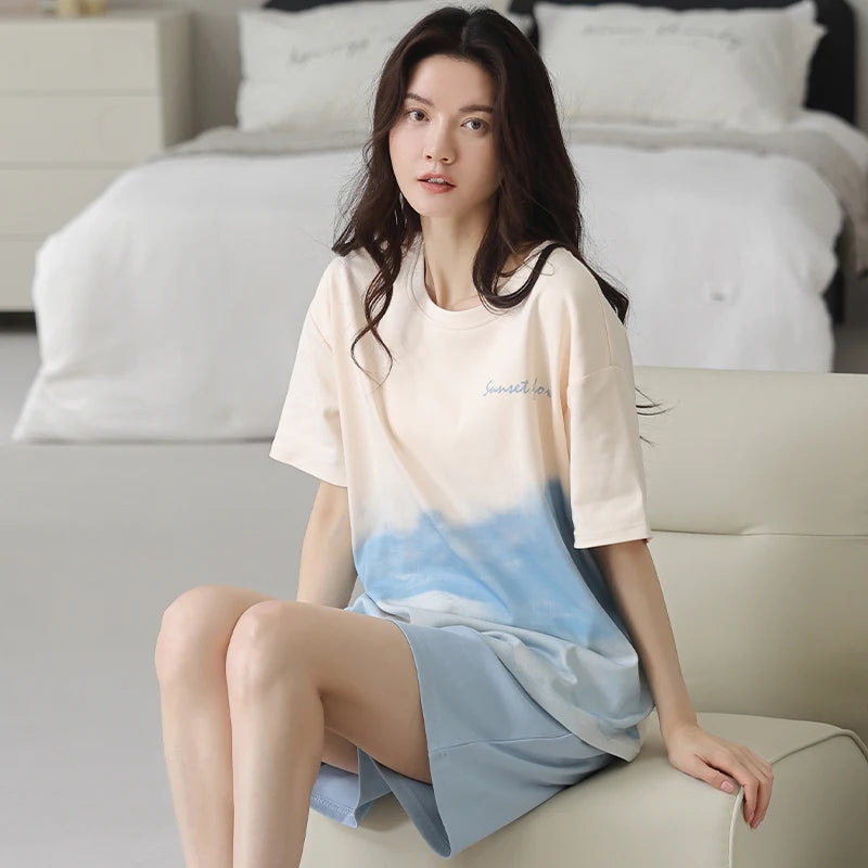 2-Pcs Women’s Cotton Pajama Set – Breathable Short Sleeve Summer Sleepwear with Cute Prints