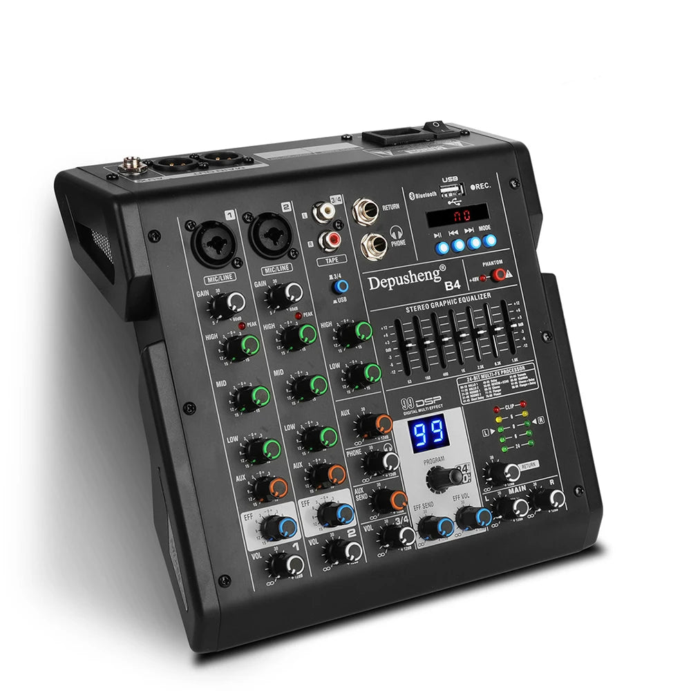 4 Channels Audio Mixer Depusheng B4 Sound Table Professional DJ Mixing Console Built in 99 DSP Digital Effects 48V Phantom Power