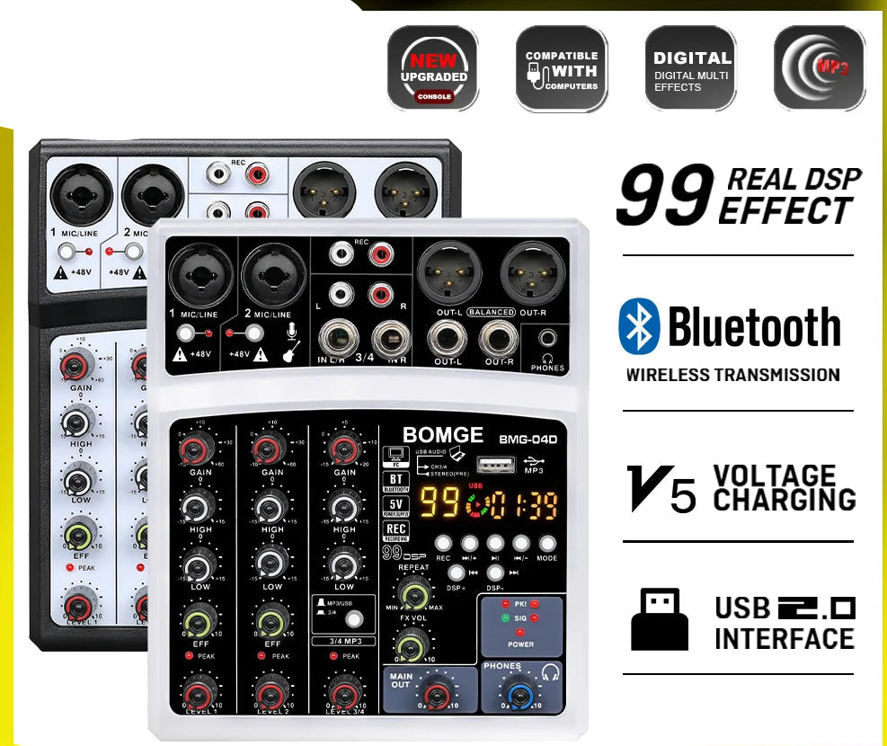4 Channel Audio Mixer Console with USB 48V Phantom Power and 99 DSP Effects