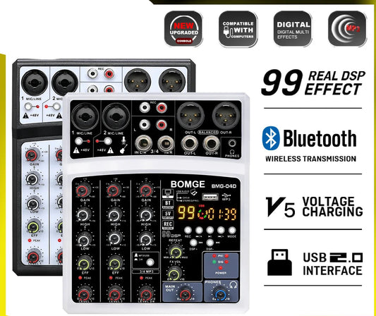 4 Channel Audio Mixer Console with USB 48V Phantom Power and 99 DSP Effects