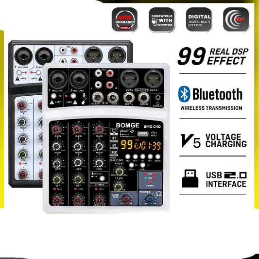 4 Channel Audio Mixer With USB 48V Phantom Power And 99 DSP Effects