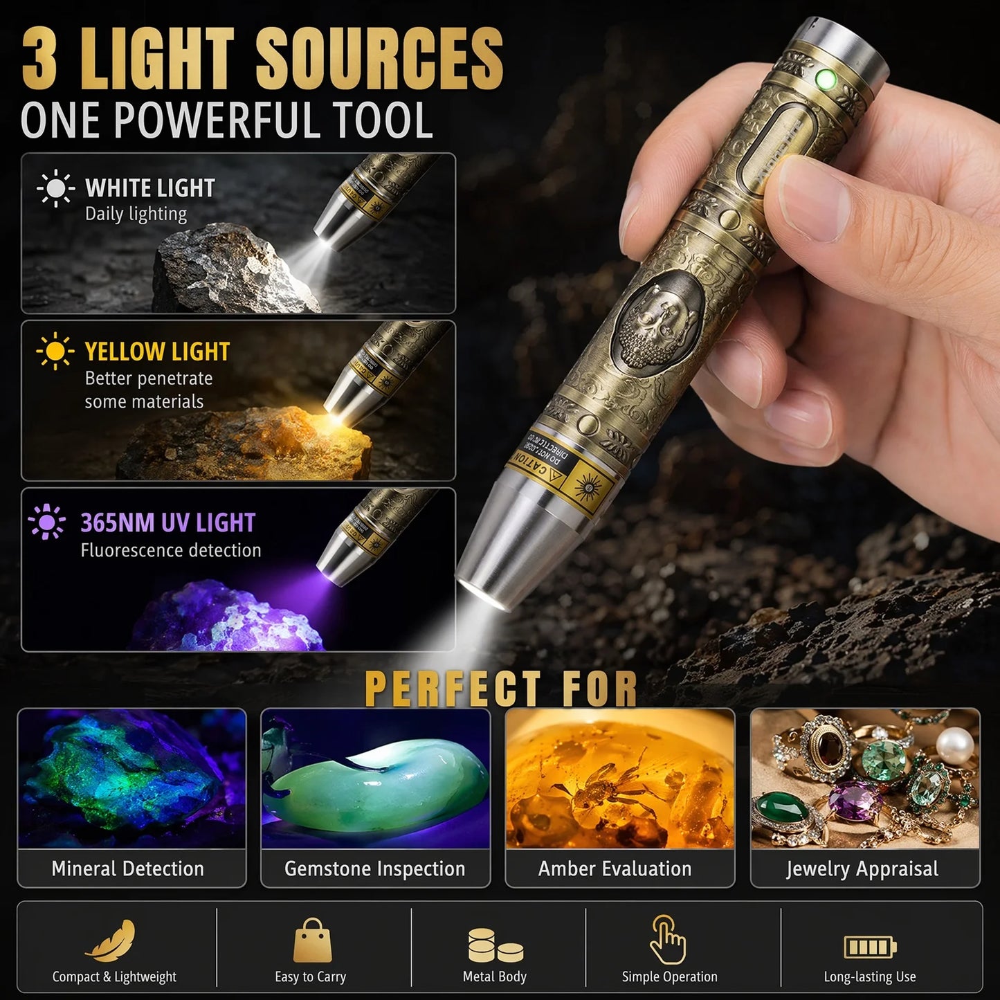 3 In 1 White Yellow UV 365nm LED Detection Flashlight