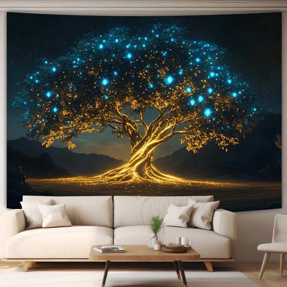 Enchanted Tree Tapestry Firefly Starry Sky Bedroom Meditation Space Natural Style Living Room Decor