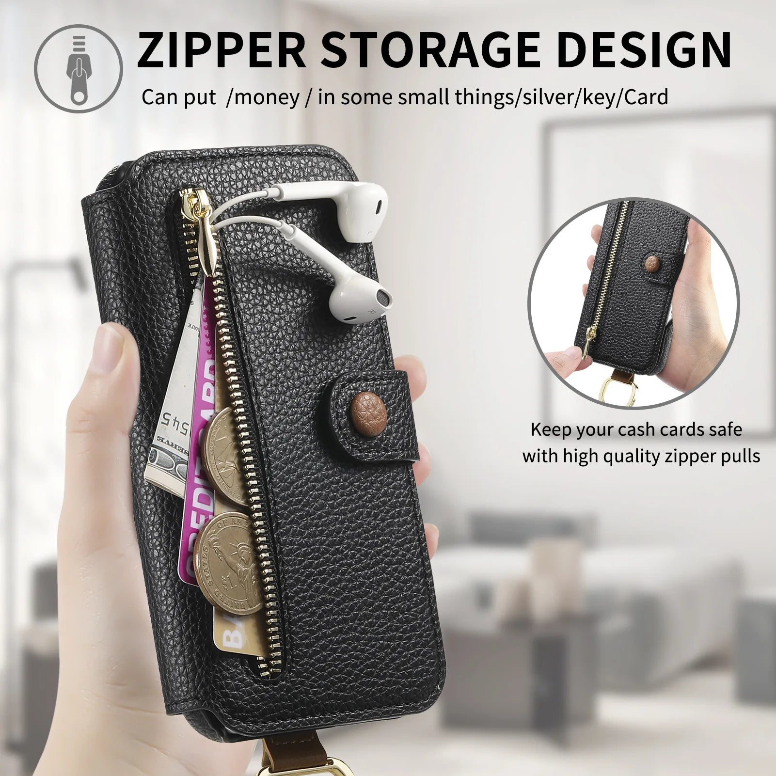 Wallet Flip Case for iPhone 16 15 Pro Max 14 Plus 16Pro 14Pro 15Pro Leather Strap Card Slots Zipper Cover