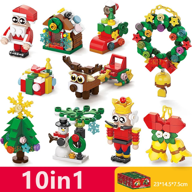 DIY 8in1 Lights Christmas Elk Deer Santa Claus Train Architecture Store Street View Xmas Tree Snow House Building Block Kit Toy